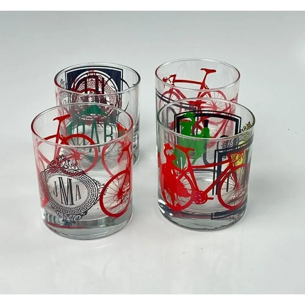 Set of 4 Lowball Whiskey Short Tumbler Glasses Bicycle Bronco Monogram Barware C